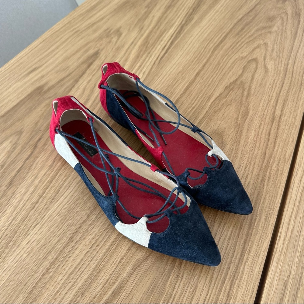 Carolina Herrera Suede Laceup Flats Red White Blue Size 37